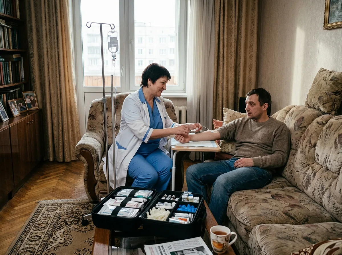 Врач-нарколог устанавливает капельницу пациенту в запое на дому в Москве: уютная жилая комната, утро, профессиональный медицинский чемоданчик, доверительная атмосфера